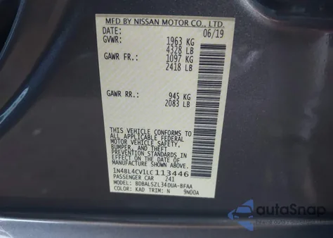 2020 Nissan Altima Sr Fwd z USA, uszkodzony, nr VIN 1N4BL4CV1LC113446